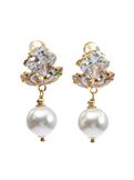 Серьги Весенний цветок с цирконием и жемчугом Майорка, Основной цвет: Золотой