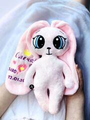 Мягкая плюшевая игрушка Зайка с длинными ушами и метрикой FomiToys 24 см ручная работа подарок на выписку, Вариации товаров: 2, изображение 5