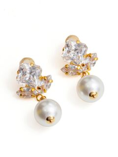 Серьги Весенний цветок с цирконием и жемчугом Майорка, Основной цвет: Золотой, изображение 3