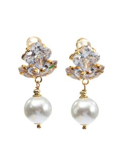 Серьги Весенний цветок с цирконием и жемчугом Майорка, Основной цвет: Золотой