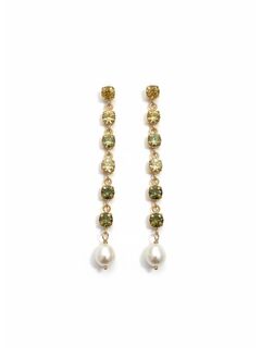 Длинные серьги дорожки с оливковыми/желто-оливковыми/желтыми цирконами и барочным жемчугом