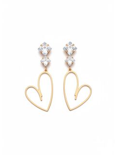 Серьги позолоченные с цирконами и подвесками Сердце