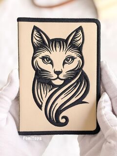 Кожаная обложка на паспорт женская / мужская (экокожа) с машинной вышивкой FomiToys. Кошечка черная. Ручная работа, Вариации товаров: 11