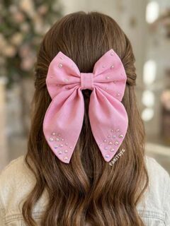 Розовый бантик для волос со стразами FomiToys, 15 см, на заколке-крокодильчике, 100% хлопок, Основной цвет: Розовый