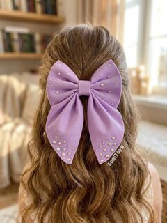 Фиолетовый бантик для волос со стразами FomiToys, 15 см, на заколке-крокодильчике, 100% хлопок, Основной цвет: Фиолетовый