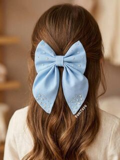 Голубой бантик для волос со стразами FomiToys, 15 см, на заколке-крокодильчике, 100% хлопок, Основной цвет: Голубой