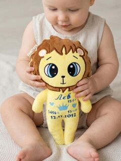Мягкая игрушка Львенок с метрикой 24 см, подарок новорожденному, ручная работа FomiToys, Вариации товаров: 4