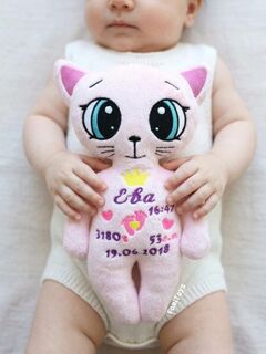 Игрушка мягкая для новорожденных Котик с метрикой FomiToys 24 см плюшевый антистресс авторская работа, Вариации товаров: 3