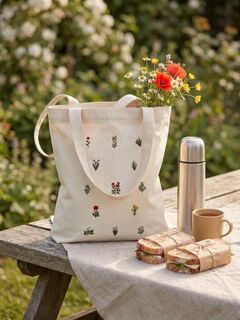 Сумка шопер тканевый с вышивкой ЦВЕТОЧНАЯ ПОЛЯНКА, бежевый, ручная работа