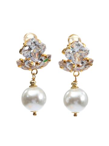 Серьги Весенний цветок с цирконием и жемчугом Майорка, Основной цвет: Золотой