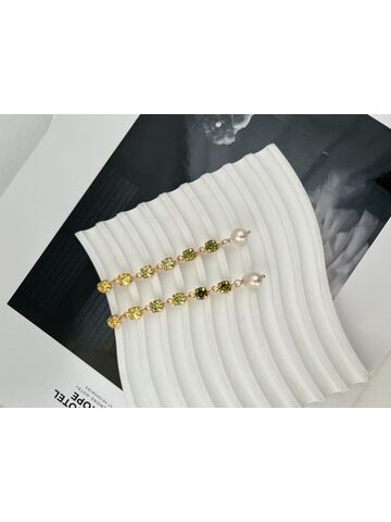 Длинные серьги дорожки с оливковыми/желто-оливковыми/желтыми цирконами и барочным жемчугом, изображение 3