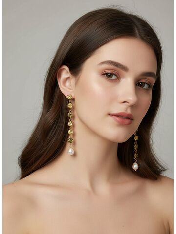 Длинные серьги дорожки с оливковыми/желто-оливковыми/желтыми цирконами и барочным жемчугом, изображение 2