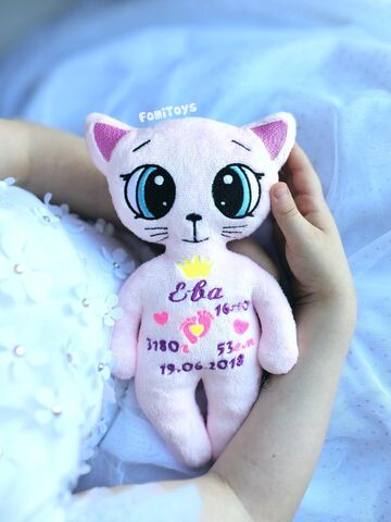 Игрушка мягкая для новорожденных Котик с метрикой FomiToys 24 см плюшевый антистресс авторская работа, Вариации товаров: 3