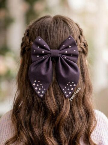 Черный бантик для волос со стразами FomiToys, 15 см, на заколке-крокодильчике, 100% хлопок, Основной цвет: Черный