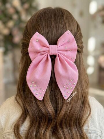 Розовый бантик для волос со стразами FomiToys, 15 см, на заколке-крокодильчике, 100% хлопок, Основной цвет: Розовый
