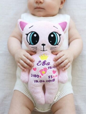 Игрушка мягкая для новорожденных Котик с метрикой FomiToys 24 см плюшевый антистресс авторская работа, Вариации товаров: 3